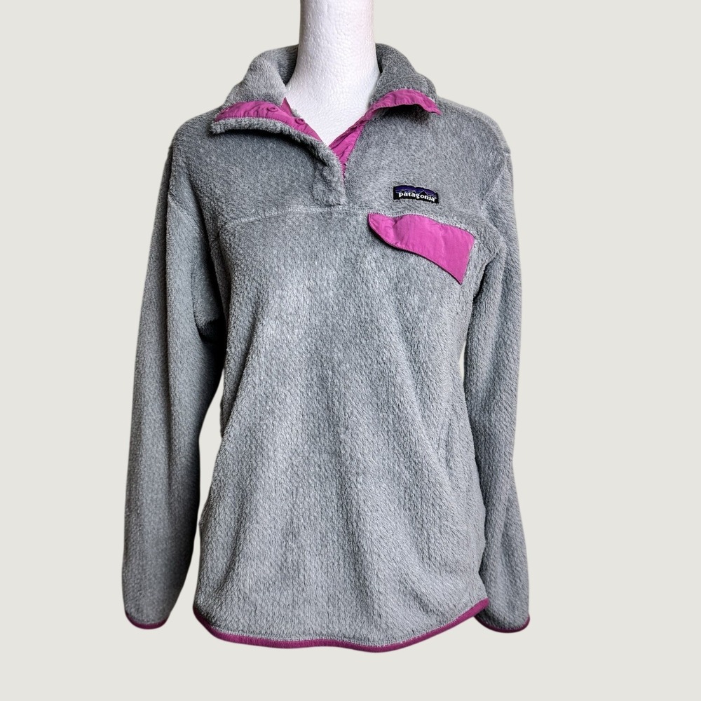 Patagonia Re-Tool Snap-T Fleece Pullover Jacket Grey Pink Fuzzy Deep Pile M